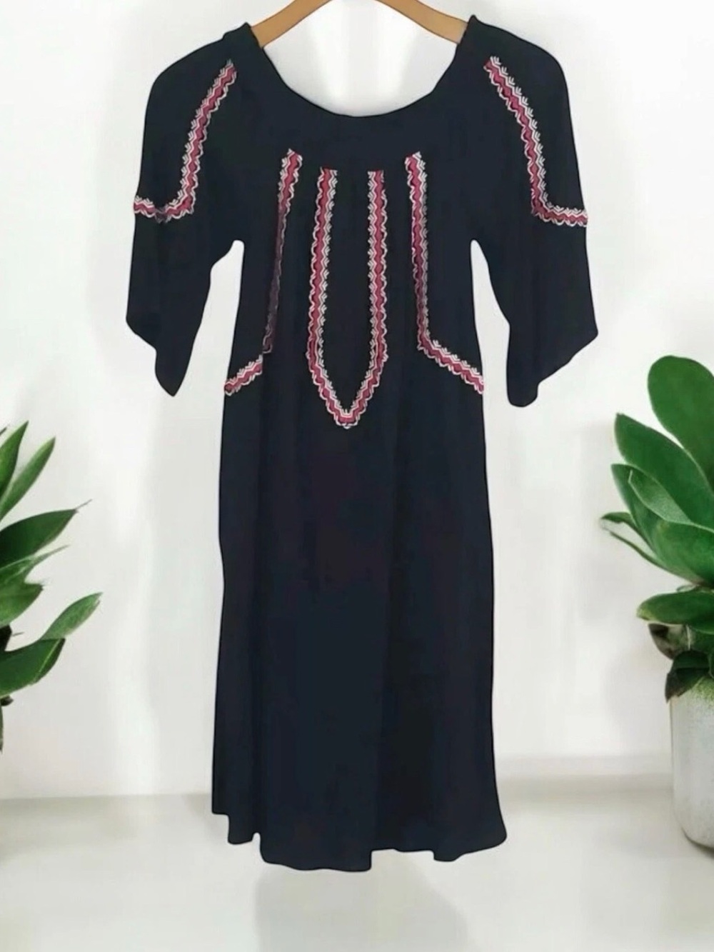 Design History Black Midi Dress with Pink Trim Embroidery